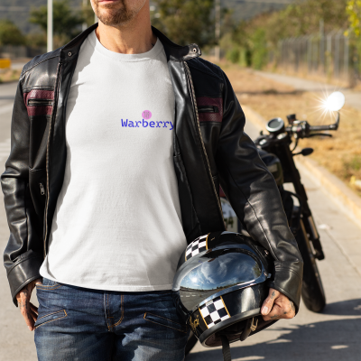 Men's white tee red on blue