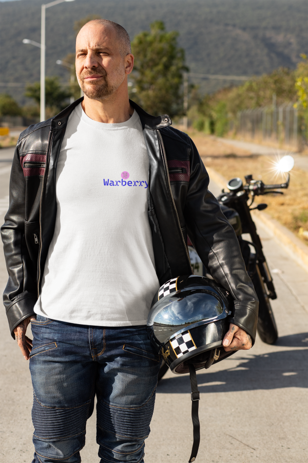 Men's white tee red on blue