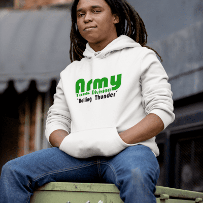 Men's Hooded Sweatshirt Army Tnk Div. Wht w/Grn Lttr